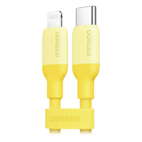 Cable USB-C a Lightning / Certificado MFi / 1 Metro / Adecuado para iPhone, iPad, iPod / Carga Rápida PD 20W / Sincronización de Datos de hasta 480 Mbps / Goma de Silicona y TPE. / Suave al Tacto / Color Yellow