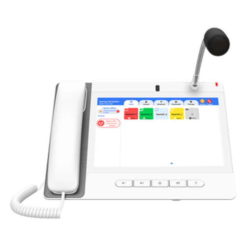 Teléfono IP Color Blanco Android 9.0 Empresarial para voceo 20 líneas SIP, pantalla táctil, Wi-Fi y Bluetooth, PoE, Voceo/ Musica por Multicast, puertos Gigabit, Sofware de Enfermeria