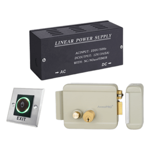 Kit Control de Acceso / Fuente Alimentación 36W 13.2VCD / Cerradura Eléctrica Derecha / Botón IR 5-15 cm / Acero Inoxidable / Indicadores LED / Relevador NO-NC-COM