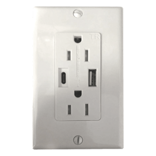 Contacto Dúplex con puertos USB Tipo A y C, 15 A, 100 - 240 V, USB 5 V, Incluye la Placa.