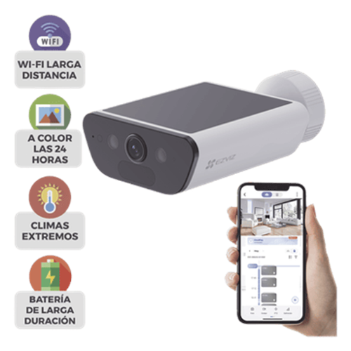 Camara de Bateria con Panel Solar Integrado / 4K Resolucion / WI-FI 6 / Vision Nocturna / Detección Humana y de Vehiculos / Batería de 10400 MAH / IP65