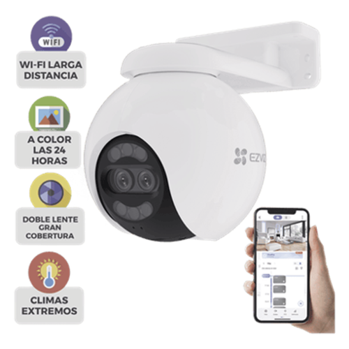 Cámara PT / Wi-Fi / Lente Dual / Panorámica 360° / Resolución 4K / Visión Nocturna ColorFULL / IA Detección de Humanos y Vehiculos / Alarma con Sirena y Luz / IP65