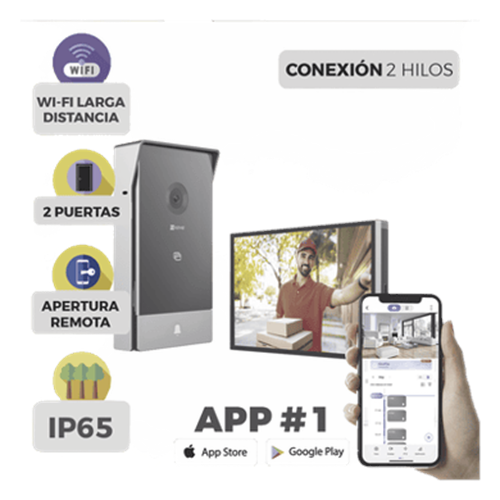 Videoportero IP Conexión a 2 Hilos / Con Monitor Wi-Fi para Interior / Frente de Calle IP65 Uso En Exterior Debe Tener Protección / Cámara 3 Megapíxel / Llamada a la App / Apertura remota / Apertura de 1 Puerta y un 1 Porton