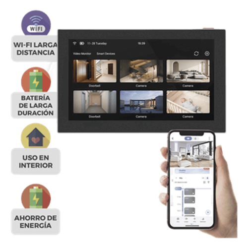 Pantalla Inalámbrica / Con Batería Recargable 4600mAh / Wi-Fi / Ideal Para Escritorio o Pared / Vista en Vivo de Cámaras EZVIZ / Compatible con Videoportero CS-HP7 para ver Cámara y Apertura Remota / Audio de Dos Vías