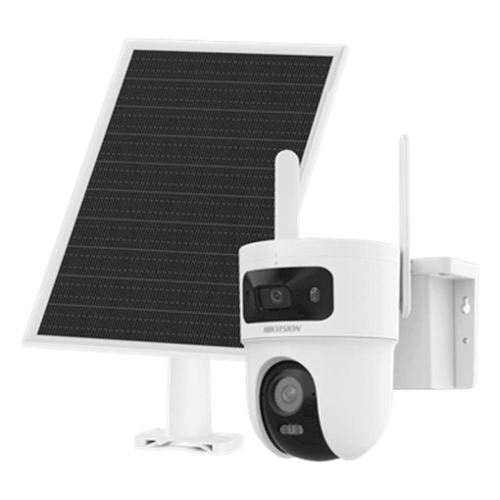 Kit Solar IP All in One Doble Lente / AOV / PT IP 4 Megapixel Lente 4 mm / Fijo 4 Megapixel Lente 2.8 mm / Panel Solar + Batería de Respaldo de Litio (9000 mAh) / Conexión 4G / Audio de Dos Vías / Dual Light / IP66 / Micro SD