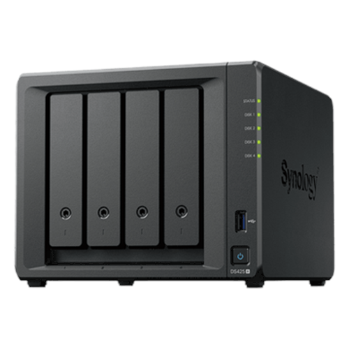 NAS DiskStation DS425+ | 4 Bahías | Intel Celeron J4125 2.7 GHz | 2 GB DDR4 / 2.5GbE + 1GbE | 2 Puertos USB 3.2 Gen 1 | 2 Ranuras M.2 NVMe | Hasta 80 TB | Synology DSM.