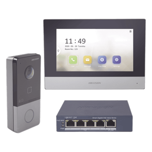Kit de Videoportero IP + Switch Poe Poe Estandar con llamada a App de Smartphone (HikConnect) / Apertura con tarjeta MIFARE / Frente de calle IP65 / Soporta 1 Departamento