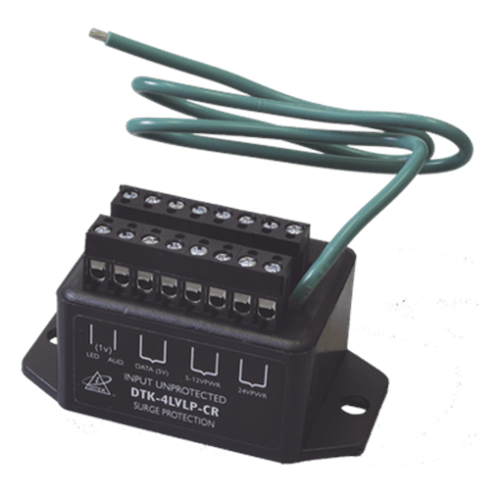 Protector para lazo de 4 pares, para aplicaciones de lectores con formato wiegand : 2 de alimentación de 12 / 24 Vcc, 1 de datos 5 Vcc, 1 señal de 1 Vcc.