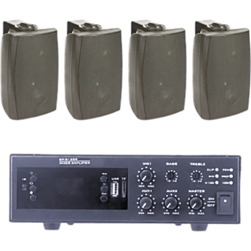 KIT de Amplificador de 120W para Escritorio | 4 Altavoces de Pared color Negro 2.5W - 20W | Sistema 70/100V