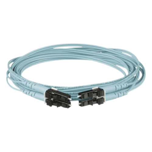 Jumper de Fibra Optica Multimodo 50/125 OM3, LC-LC Duplex, OFNR (Riser), Color Aqua, 4 Metros (13.12 Pies)