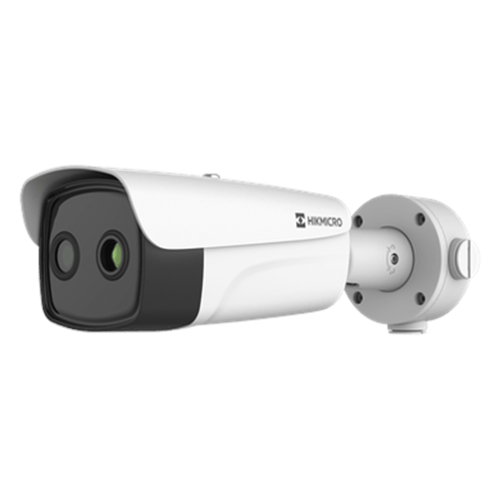 (HIKMICRO) Bala IP Bi-Espectral / Térmica (388 X 288 / 35 mm) + Óptica (4 MP / 12.4 mm) / IA GUANLAN / Rango: -20°C a 150°C / 8°C Tolerancia / Detección de Fuego y Humo / Alarma Visual y Audible / Dual Light / PoE / Antico