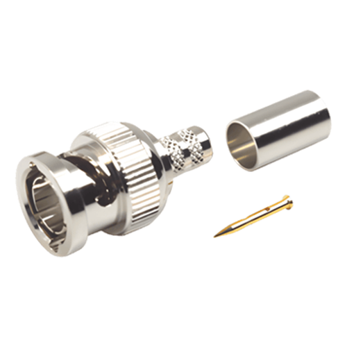 Conector BNC Macho en 75 Ohm, Anillo Plegable para Coaxial 8279, RG-59/U, Níquel/ Oro/ Teflón.