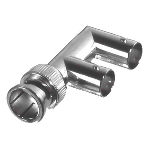 Adaptador Triple en F para 75 Ohm, de Conector BNC Macho a Doble BNC Hembra, Níquel/ Oro/ Delrin.