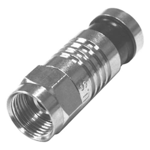 Conector F Macho Plegado Axial por Compresión para RG-59/U, Cuerpo en Níquel y Banda Negra.