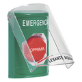 ​​Botón Multipropósito, Color Verde, De Superficie, Con Tapa De Policarbonato, Con Bocina Pre Alarma, Solo Interior, Llave Para Restablecer, Texto De Emergencia, Español