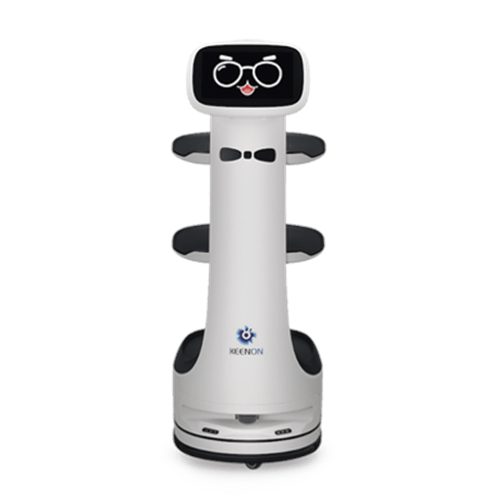 Robot de Entrega Dinerbot T8 / Compacto 38.4x46.8x111.1 cm (15.1x18.4x43.7 in) / Velocidad 1.0 m/s / Pantalla Táctil 10.1" / 3 Capas / Capacidad 20 kg (44 lbs) / Batería 15-18 Horas