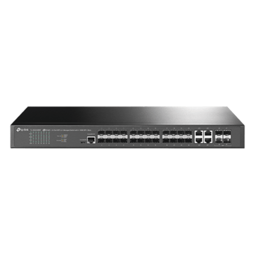 Switch de Fibra Óptica L2+ Omada / 24 puertos SFP 1GE / 4 Puertos Combinados SFP+/RJ45 Gigabit / 2 Puertos Consola RJ45|micro-SUB / Administración Centralizada Omada o Stand-Alone / Compatile con IPv6 / Multicast IGMP