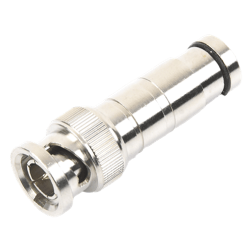 Conector BNC Macho en 75 Ohm, de Compresión Axial para Cable Coaxial RG-59/U, Níquel/ Oro/ Politetrafluoroetileno.