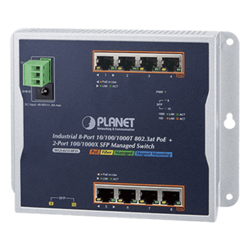 Switch Industrial PoE Administrable de Pared Capa 2, 8 Puertos Gigabit PoE 802.3at y 2 Puertos 100/1000X SFP